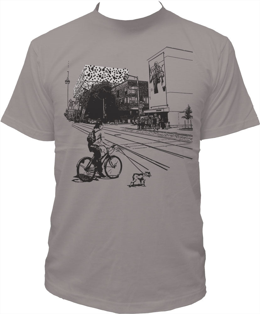 Dog on a leash, with art college