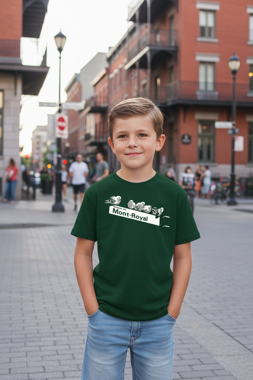 A dark green short-sleeve t-shirt with a graphic print on the chest depicting several pigeons on a white street sign that reads 'Avenue du Mont-Royal'.