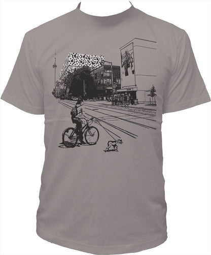 Dog on a leash, with art college